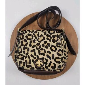 Tory Burch Leopard Crossbody City Bag Shoulder Bag Purse Brown Leather